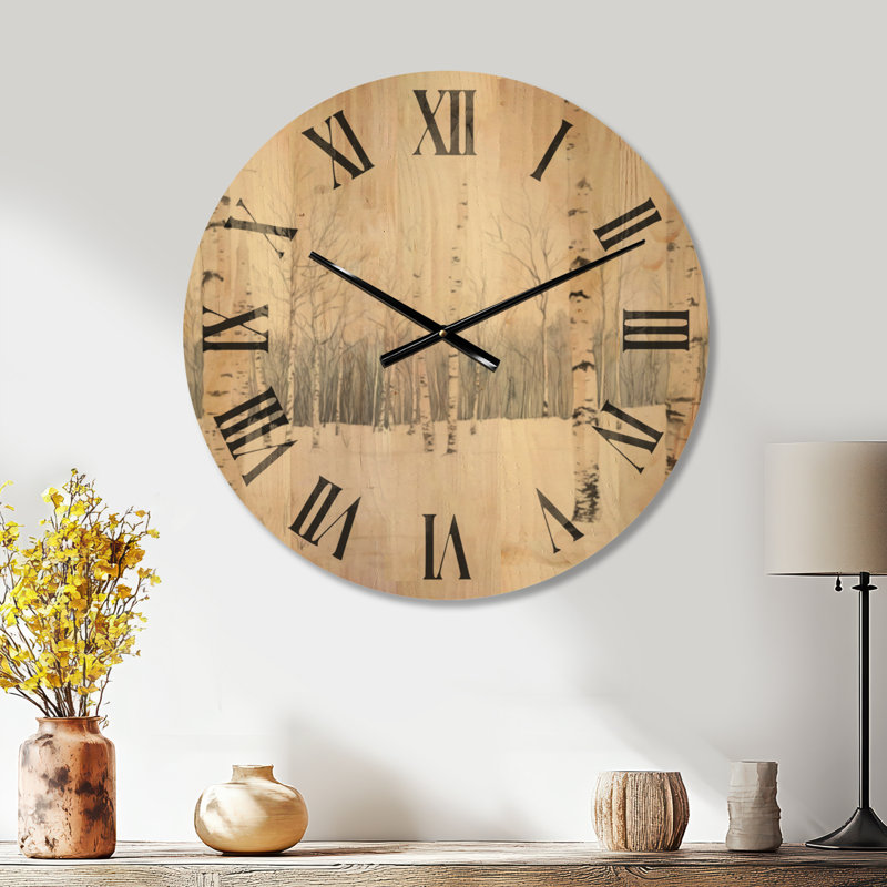 Très grande horloge murale en bois silencieux - Bouleaux dans la neige, Medium