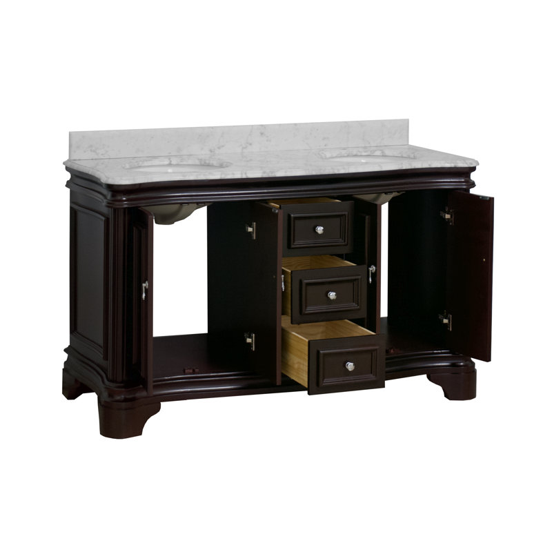 Ensemble de meuble-lavabo double 60 po avec armoire chocolat et comptoir en marbre de Carrare Katherine, Marbre de Carrare