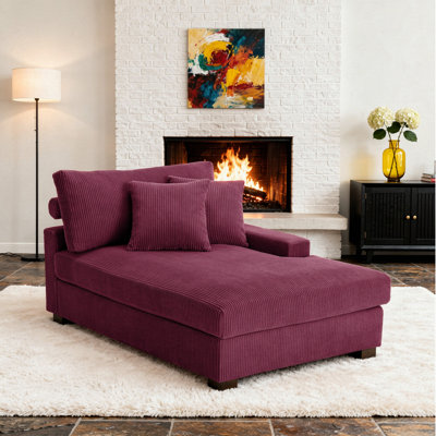 Milbrey Oversized Upholstered Purple Corduroy Chaise Lounge with Armrests & Throw Pillows