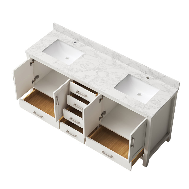 Aura 72'' Fully Assembled Double Bathroom Vanity with Top, Modern Freestanding Vanity Cabinet with White Granite Top and Backsplash