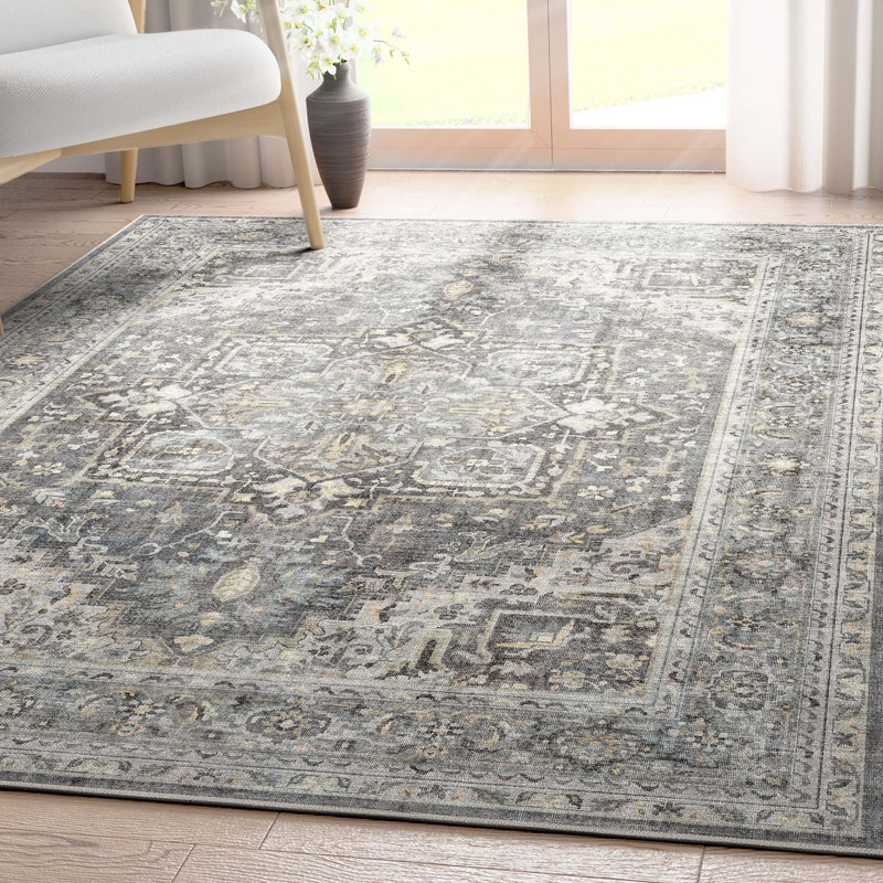  Apollo Tirana Vintage Medallion Oriental Dark Grey Flat-Weave Area Rug, Rectangle 9'10" x 13'