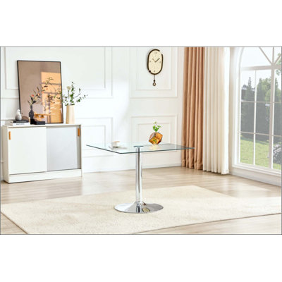 Table de salle à manger moderne en verre minimaliste carrée avec base en métal à une colonne. Disponible en noir, or ou argent. Table de salle à manger à domicile. Convient pour 2 à 4 personnes.