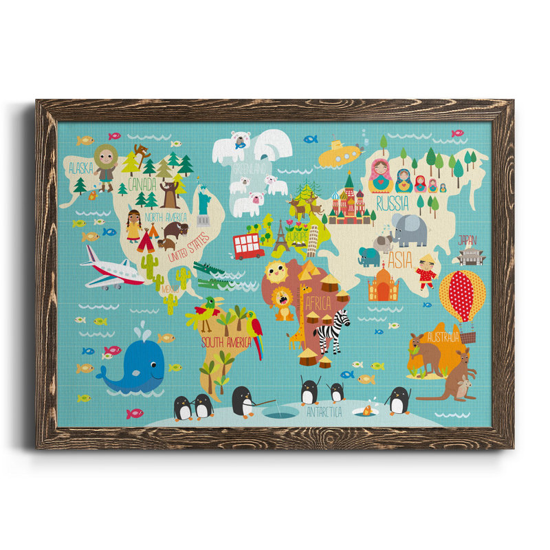 Carte du monde des enfants - cadre photo, impression sur toile, Toile avec cadre en noyer, H 20 po x l 17 po x P 1,5 po