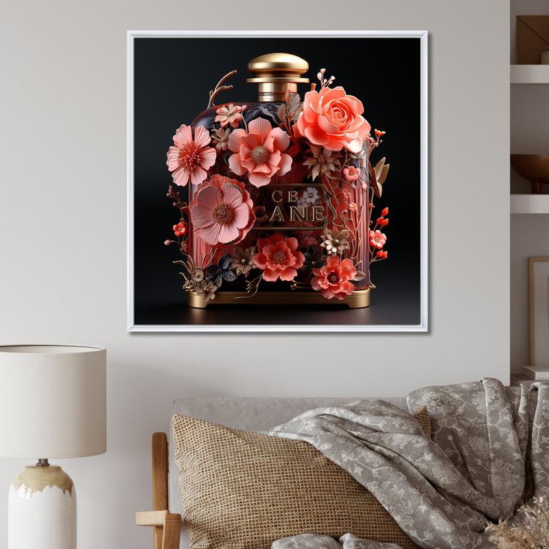 «Perfume Bottle With Pink Blossoming Flowers I», reproduction d'art sur toile, H 16 po x l 16 po x P 1 po