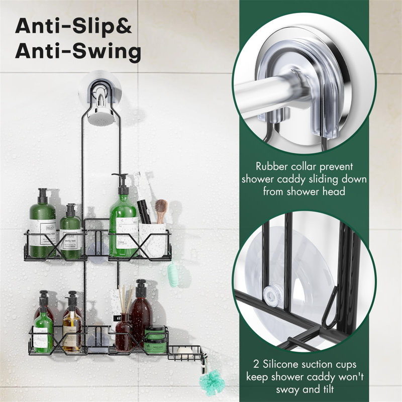 Adjustable Black Stainless Steel Hanging Shower Caddy with Suction Mount