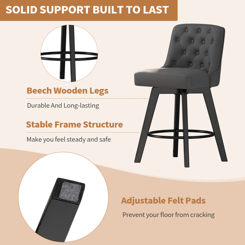Swivel Upholstered 26'' Counter Stool Wood Leg, Dark Gray, Counter Stool (26" Seat Height), 2