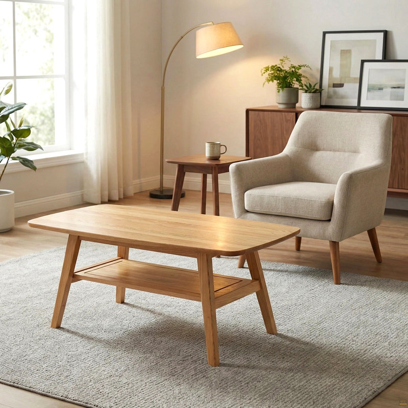 Mid Century Modern Coffee Table, 100% Solid Oak Wood Coffee Table With Storage Shelf, 2-Tier Coffee Table With Rounded Corners