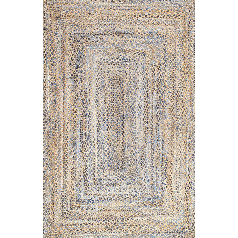 Tapis bleu / beige fabriqué à la main en jute et denim tressé Destrie, Rectangle 3 pi x 5 pi