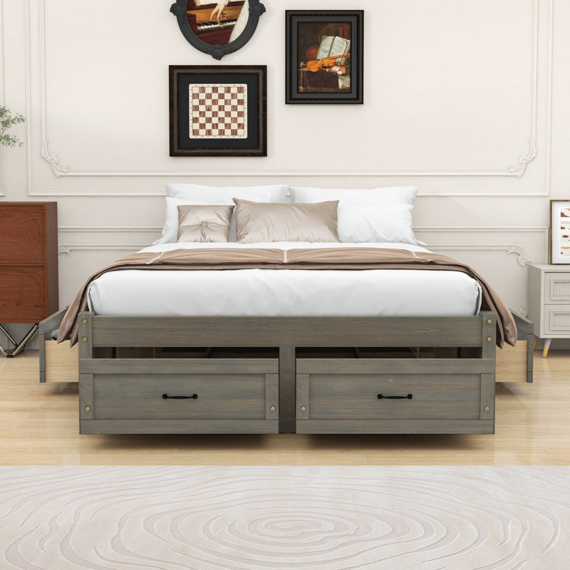Modern Wooden Platform Bed with Drawers, Antique Grey, Full