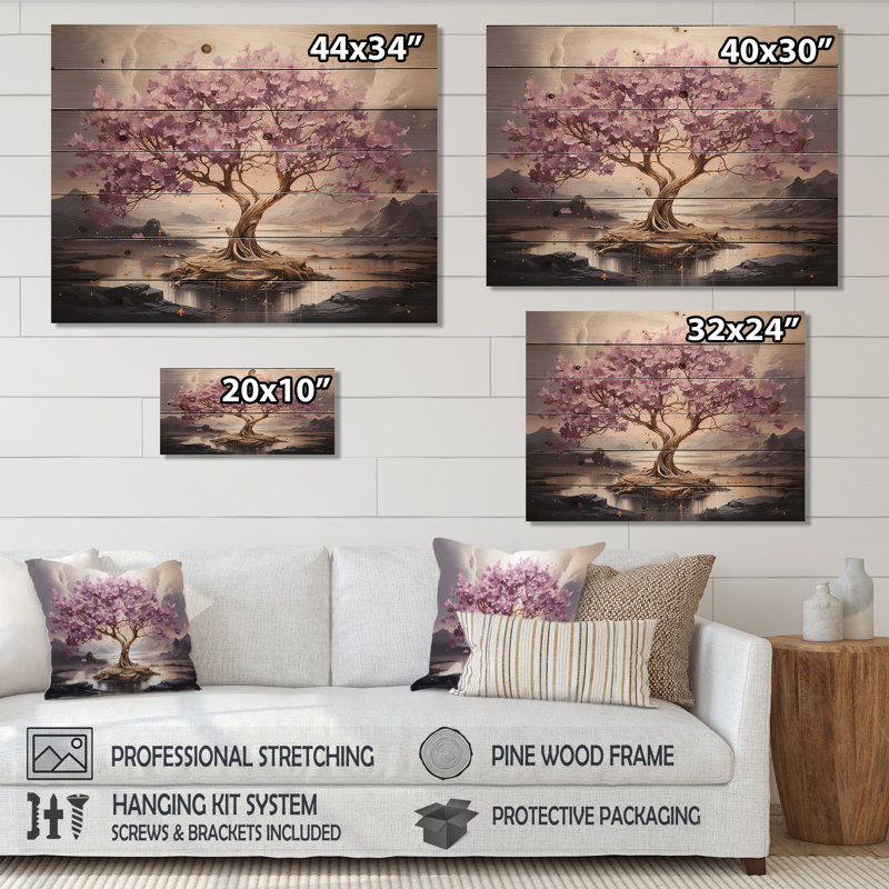 Fleur de cerisier mauve au bord du lac I - Fleur de cerisier sur bois, H 24 po x l 32 po
