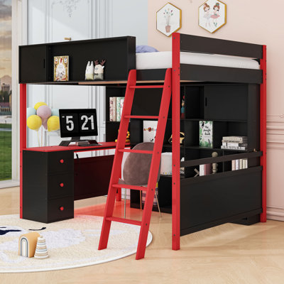 Full Wood Loft Bed With Light, Desk, 3 Drawers And Shelves