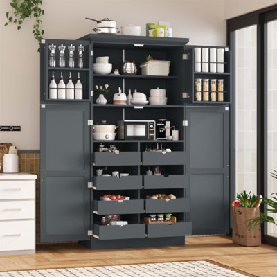 Armoire de cuisine autoportante 35,5 x 17,6 x 70,9 pouces, grand rangement avec 4 portes, 2 tablettes de porte, 8 plateaux coulissants et tablette réglable pour la salle à manger