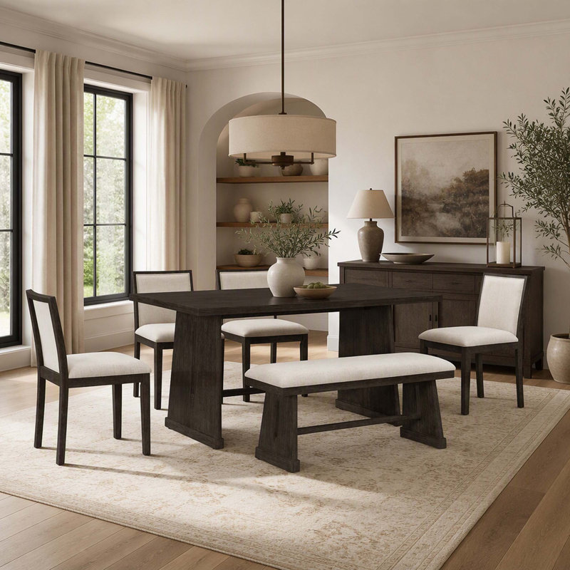 6-Piece Rustic Farmhouse Dining Table Set with Wire Brushed Design, Rectangular Dining Table with Trapezoid Legs, 4 Upholstered Linen Chairs & 1 Padded Bench for Dining Room & Kitchen (Natural)