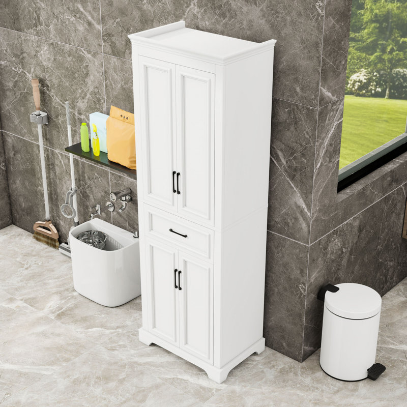 Armoire de rangement autoportante avec tiroir, tablettes réglables et 4 portes à fermeture en douceur