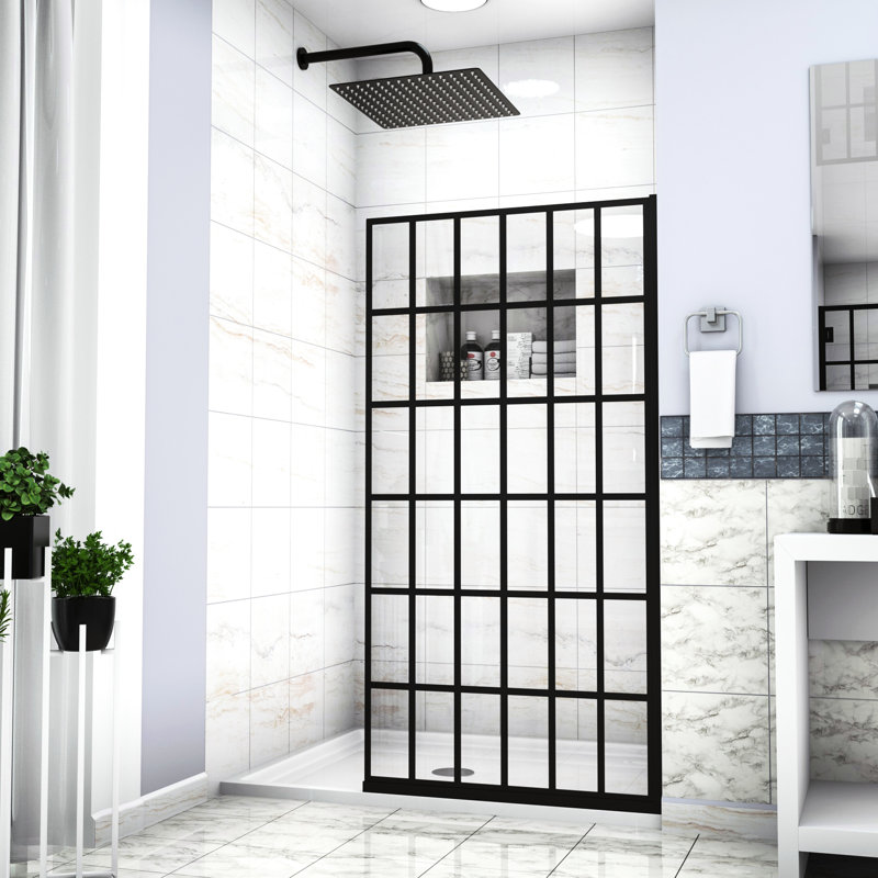 Porte de douche 34 po x 72 po en noir mat - panneau simple, entrée ouverte, option de mise à niveau de salle de bain