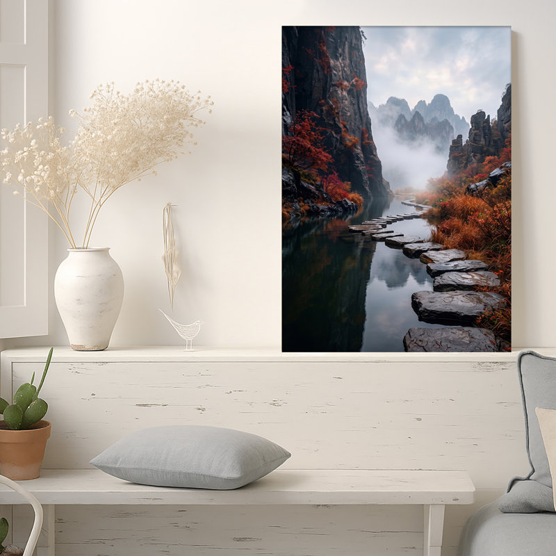 Art mural sur toile, "Misty Mountain River" avec marches de pierre et arbres d'automne, H 36 po x l 24 po