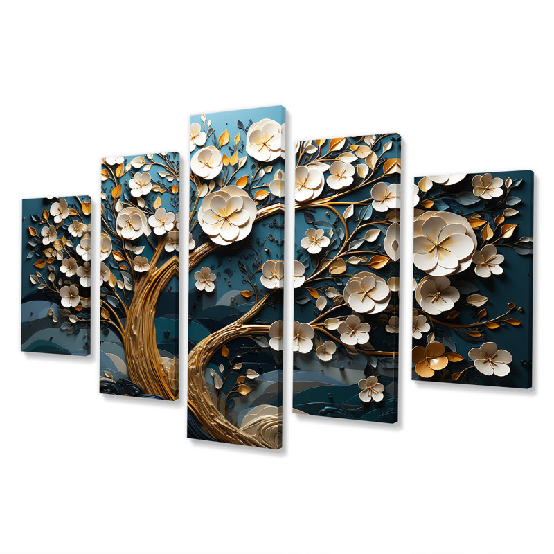 Orchidée bleue et blanche dorée de branches VI - arbre, décoration murale Multipanel