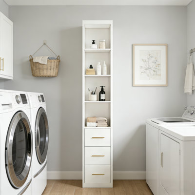 Narrow And Slim Bathroom Storage Cabine With3 Drawers And 4 Open Shelves For Bathroom