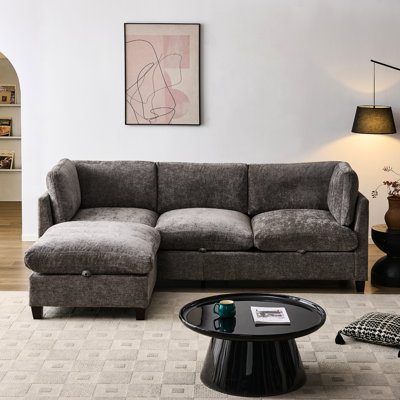 Canapé d'angle en L gris de 245 cm (96,5 po) avec revêtement chenille, 3 places, rangement intégré, structure en bois massif, idéal pour un salon de style montagne.