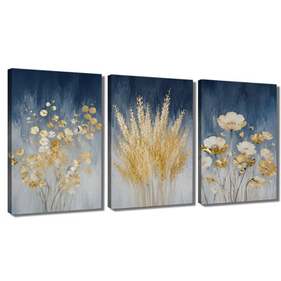Tableau à 3 panneaux, motif floral doré séché sur fond marin, impression sur toile tendue pour salon