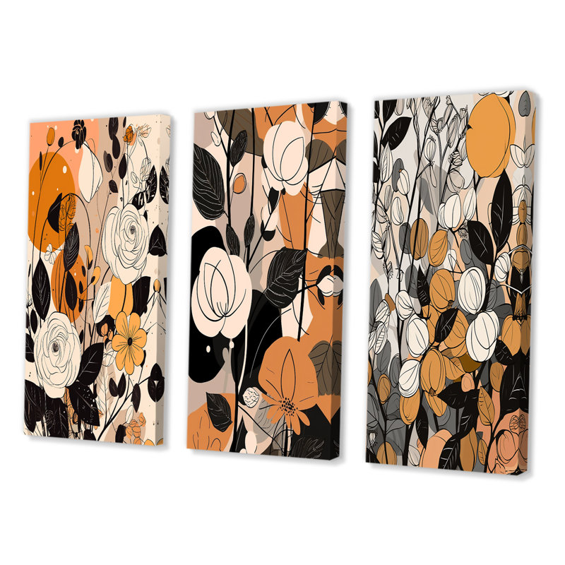 «Retro Terracotta Roses Illustration», 3 pièces, Toile tendue, H 20 po x l 36 po