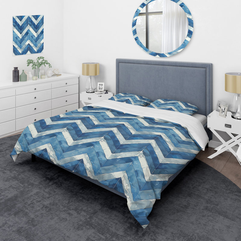Ensemble de housse de couette moderne à chevrons bleu et argent, Housse de couette très grand et 2 très grandes t