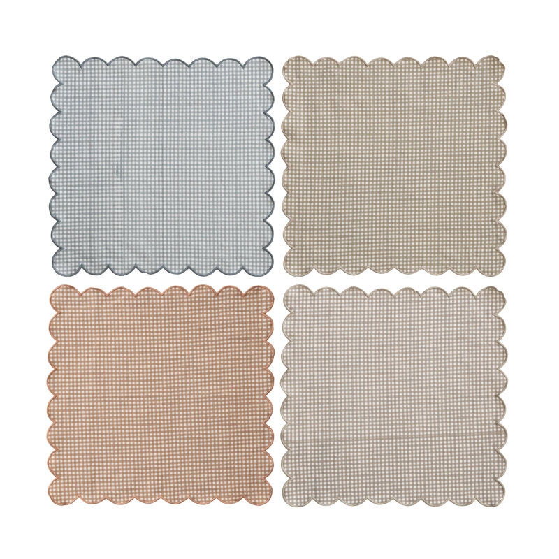 4-Piece Cotton Printed Scalloped Napkin Set With Check Pattern, Multicolor