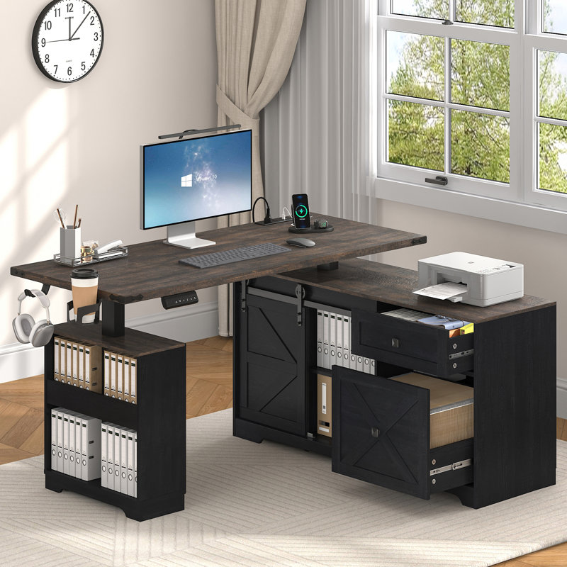 55'' L-Shaped Farmhouse Electric Standing Desk, Height Adjustable Sit Stand Corner Desk with Power Outlets, Storage Drawers & Sliding Door for Home Office