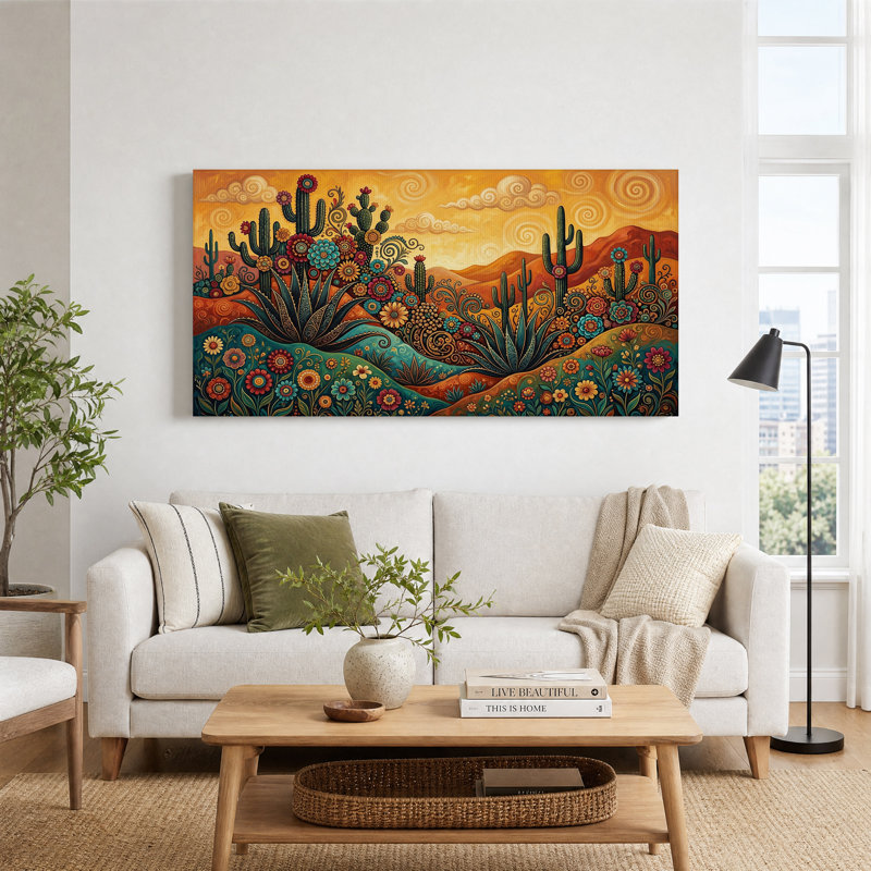 Tableau sur toile représentant un paysage de cactus et de fleurs du Sud-Ouest, L 58 po x H 28 po