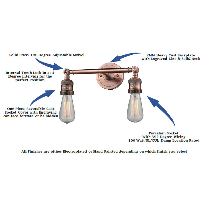 Reppert 2 - Light Dimmable Vanity Light, 60 Watt Vintage Incandescent Bulb, Antique Copper, Antique Copper