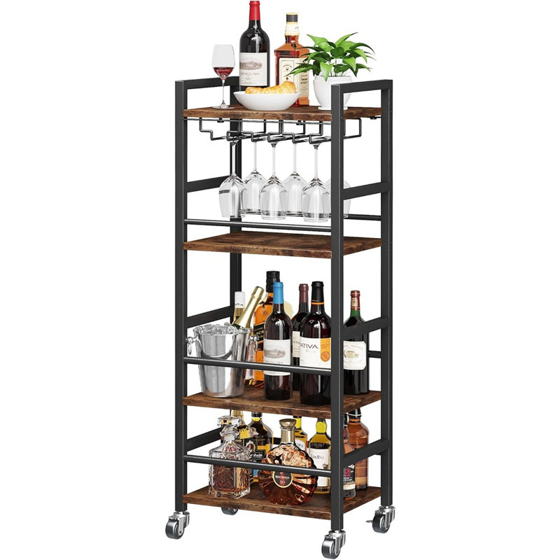 4-Tier Home Bar Serving Cart With Large Storage Shelves And Glass Holder, Mobile Kitchen And Mini Bar Cart For Small Spaces – Rustic Brown