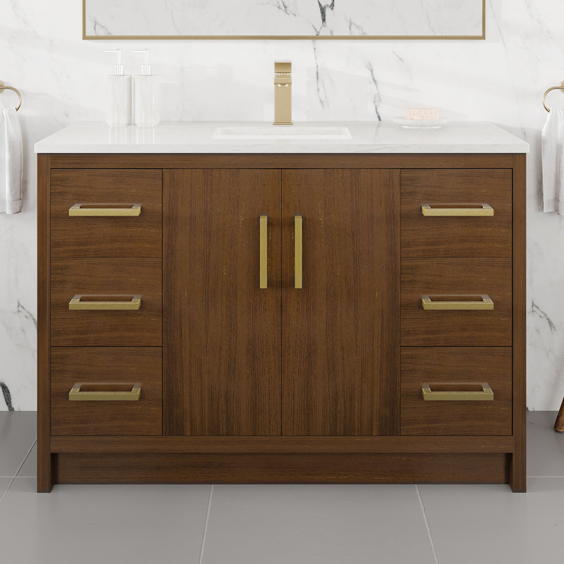 Ilsa 48"W X 18"D Bathroom Vanity With White Carrara Quartz Countertop And Undermount Porcelain Sink, Walnut