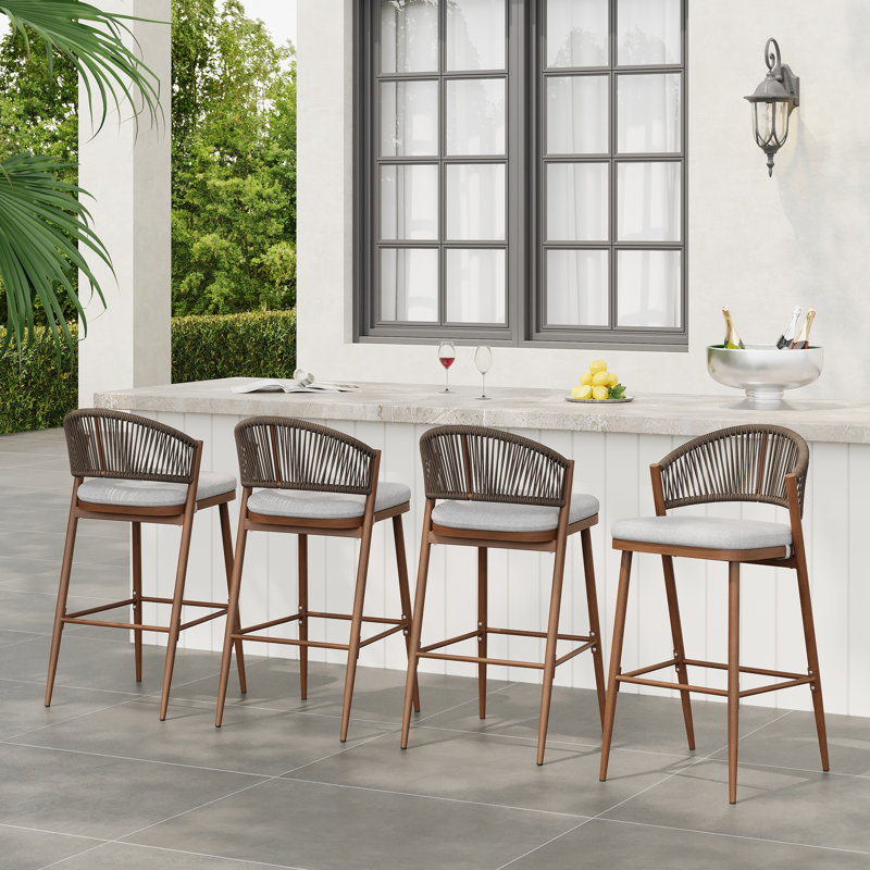 Tabouret de patio Eisen, Coussin gris clair / structure en aluminium teck, Tabouret de comptoir (siège d'une hauteur de 26 p