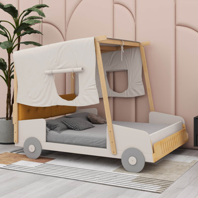 Car Bed With  Upholstered Headboard, Car-Shaped Platform Bed With Ceiling Cloth