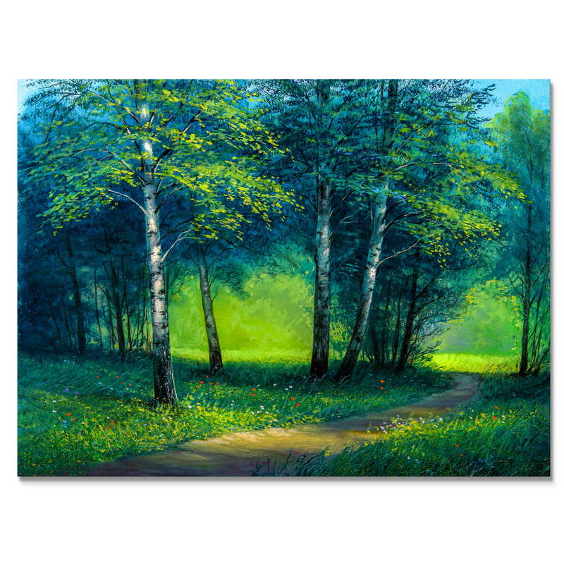«Path Into Green Summer Birch Forest», art mural sur toile traditionnel, L 20 po x H 12 po, Toile tendue