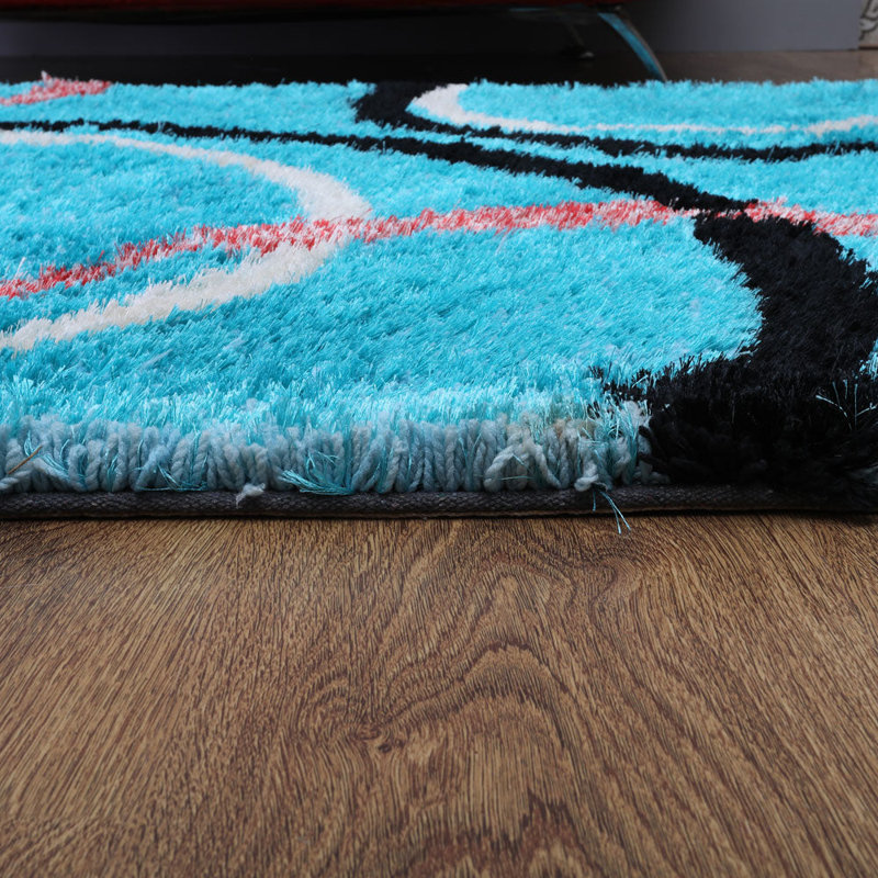 Tapis à poils longs en polyester touffeté à la main et de forme écologique - 9 pi x 12 pi, de couleur turquoise, de conception géométrique moderne, de tapis épais antidérapants faits à la main pour le salon, la chambre à coucher