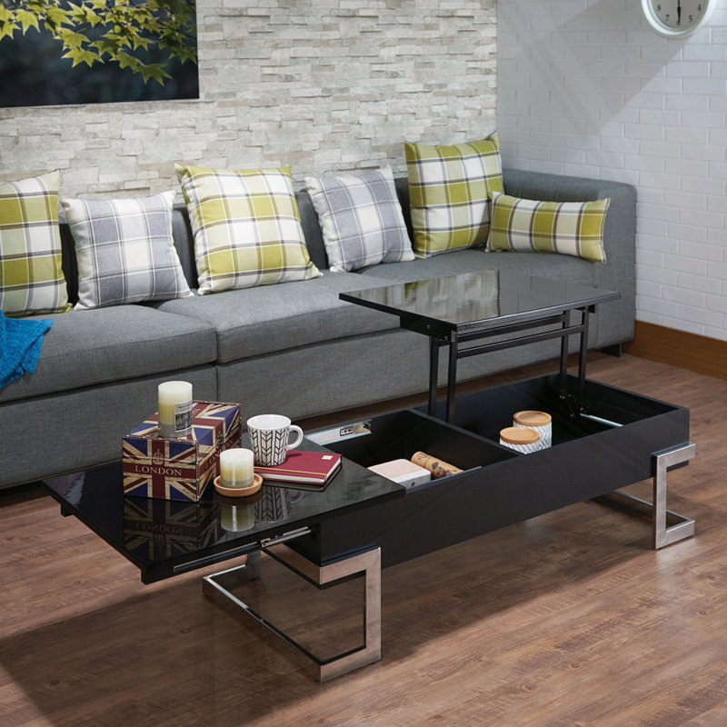 Table basse ultrabrillante avec finition chromée et plateau relevable