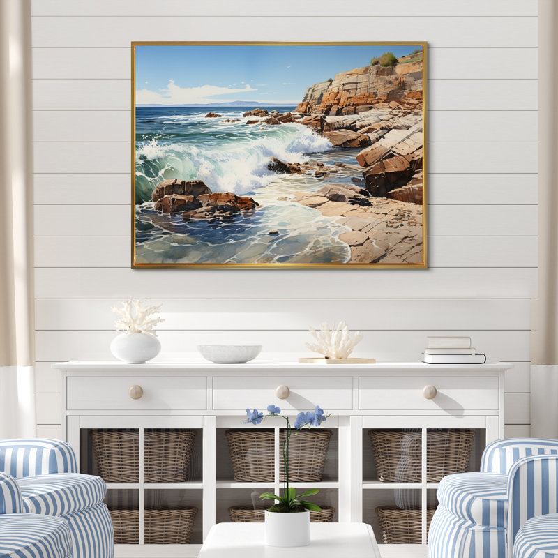 Sachem Rocky Beach, textures rocheuses sur toile, H 16 po x l 32 po x P 1 po, Cadre flottant doré