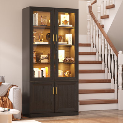 71'' H Freestanding Office Cabinet With 3-Color Light Modes And Motion Sensor, Glass Display Cabinet With Adjustable Shelves And Lock