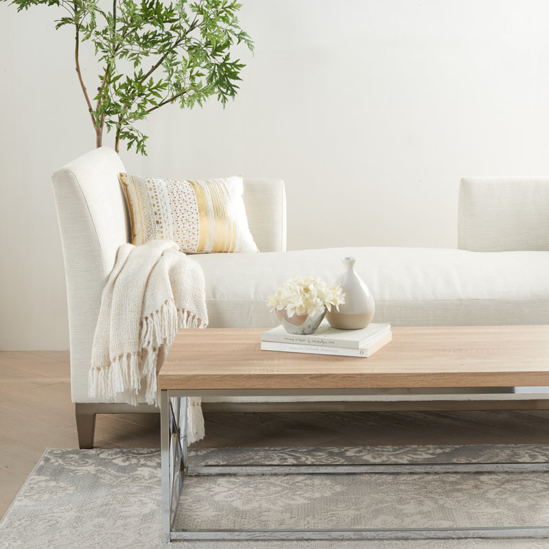 Gold and White Embroidered Lumbar Pillow with Metallic Stripes