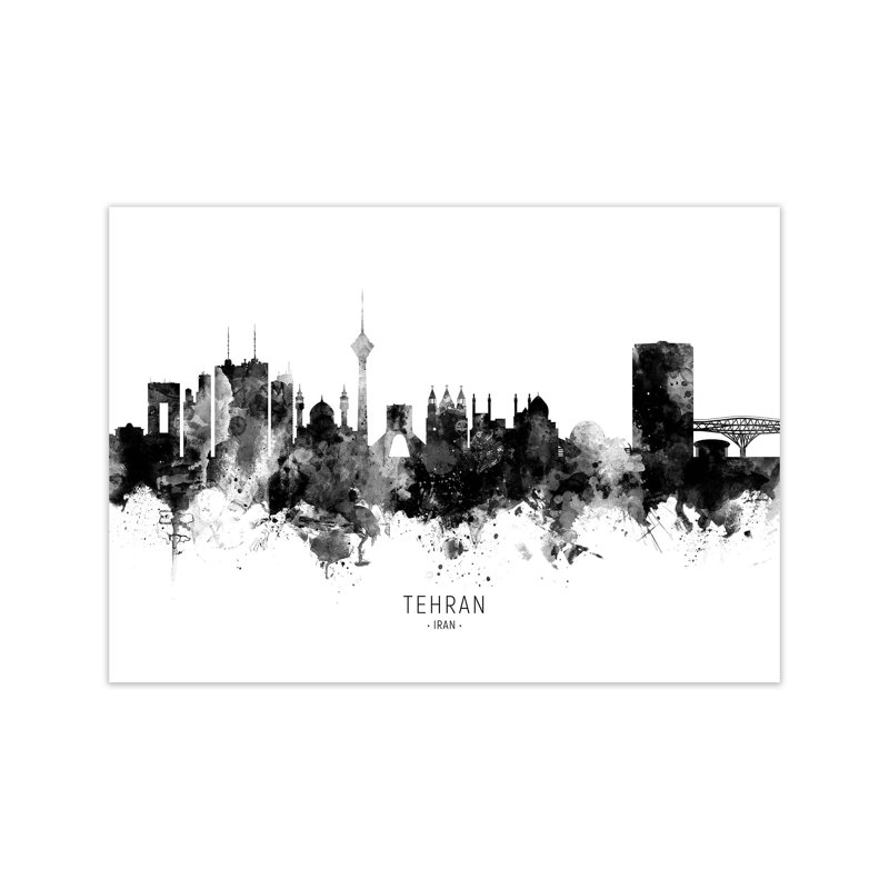 Tehran Iran Skyline Black White City Name by Michael Tompsett - Print, 60cm H x 84cm W x 1cm D, Unframed