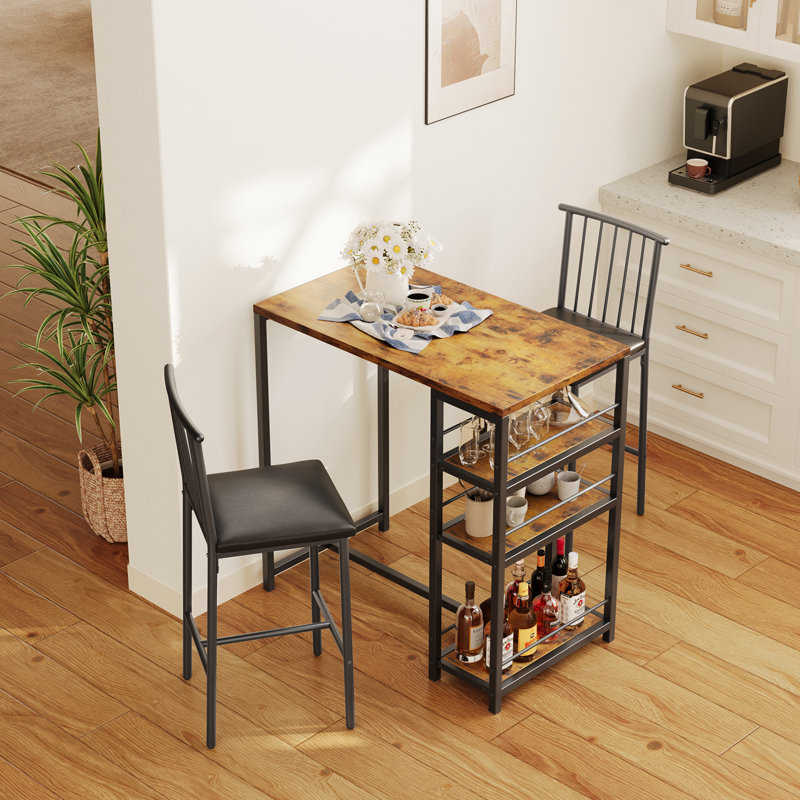 Modern 3-Piece Counter Height Dining Set with 3 Shelves, Kitchen Table and Chairs with 2 Upholstered Bar Stools, Sturdy Dining Room Set for Breakfast Nook & Kitchen