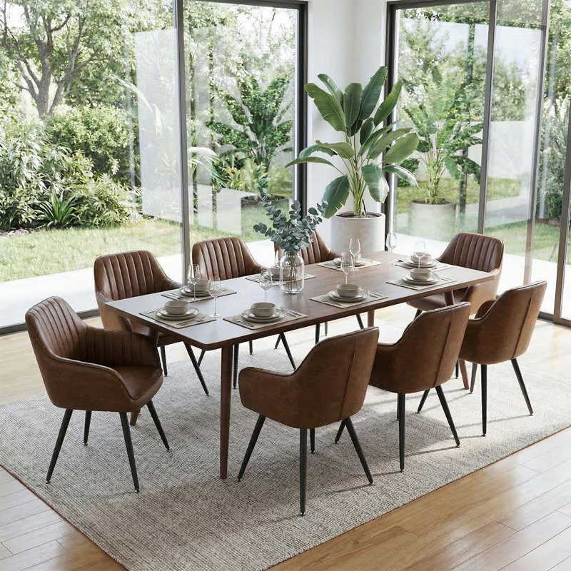 Modern Faux Leather Dining Chair with Arms, Brown