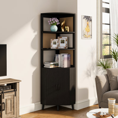 Bibliothèque de rangement 69 "H x 17,7" l en rotin et bois avec portes, tablette d'angle à 3 niveaux avec armoire