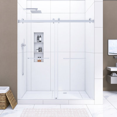 68-72 In. W X 76 In. H Frameless Double Sliding Shower Door, Brushed Nickel Finish, Without Soft-Close, 3/8'' (10Mm) Thick SGCC Tempered Glass