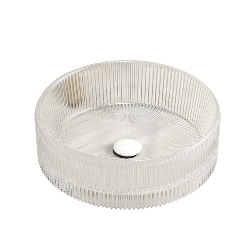 14 - Inch Transparent Crystal Glass Round Bathroom Sink Without Faucet, Artistic Striped Appearance, Suitable For Various Cabinet Styles, Easy To Maintain Daily, 4.48 Basin, Recommended Stopper