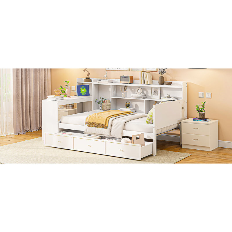 White Twin-Size Wooden Daybed With 3 Drawers & Desk - Pine For A Peaceful Sleep Twin Long-Lasting Build, Drawers, And Bedroom Use