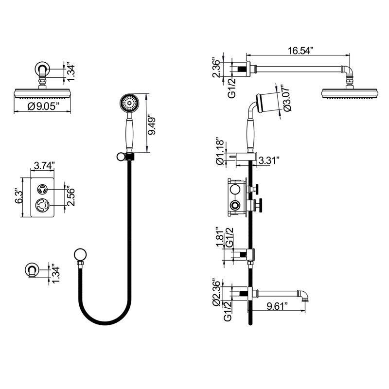 Système de douche complet multifonctionnel avec valve brute Roind, Or brossé