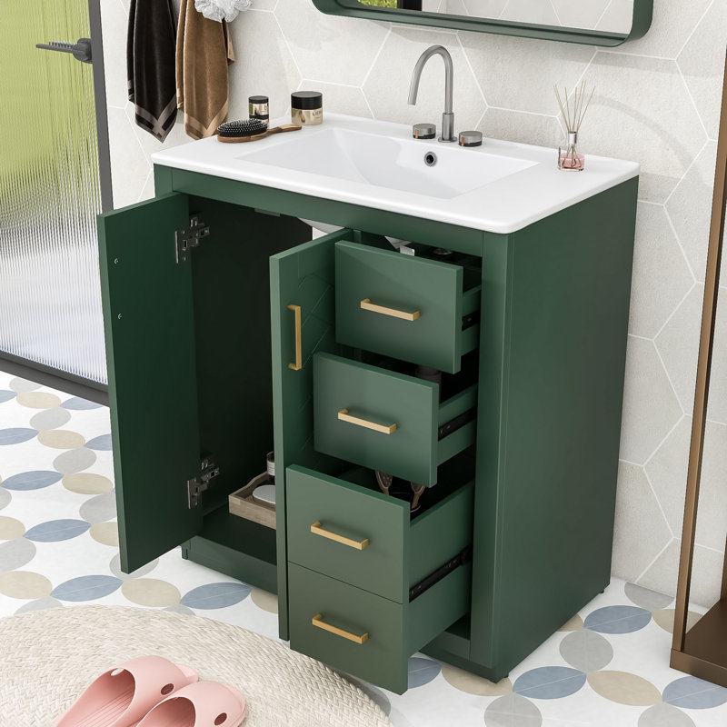 Meuble-lavabo simple en bois avec lavabo en céramique, armoire et tiroirs de rangement Whittier, Vert, Doré