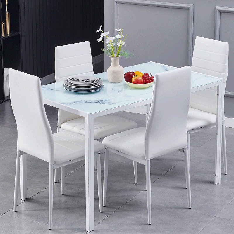 Glass Top Metal Base Dining Table, White/Blue